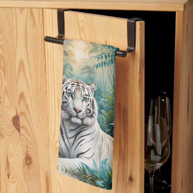 Linge De Cuisine Tigre blanc dans une jungle bleue verte (Pliage en tiers)