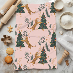 Linge De Cuisine "Tigre de Noël Vintage avec Arbre de Noël rose
