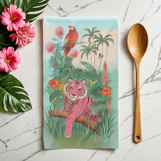 Linge De Cuisine Tigre rose et perroquet dans la jungle tropicale (Créateur téléchargé)