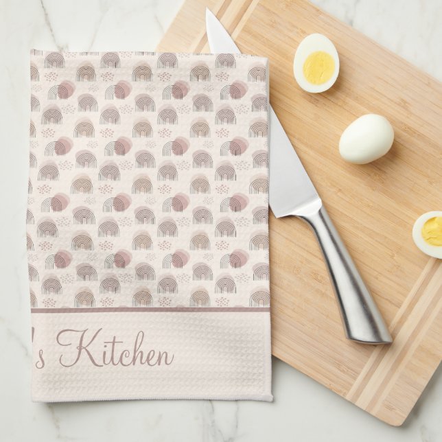 Linge De Cuisine Tissu brodé Boho Rainbow Abstrait Beige Crème Rose (Quart Plié)