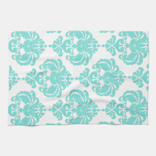Linge De Cuisine Tissu damassé sarcelle et blanc, motif élégant mod