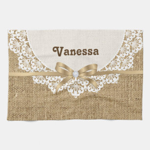 Linge De Cuisine Toile blanche avec dentelle et lin naturel burlap