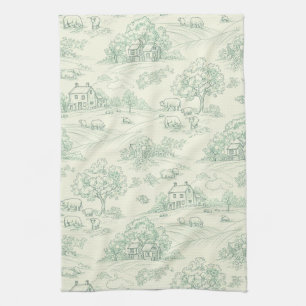 Linge De Cuisine Toile de Jouy verte pastorale Scène rurale de ferm