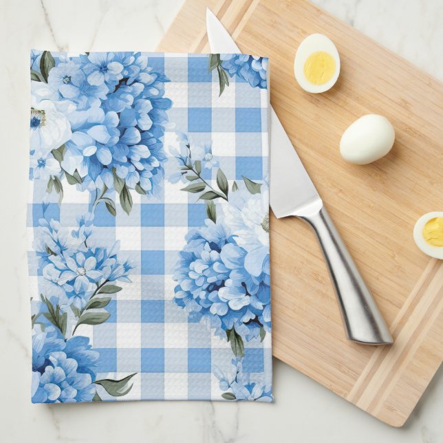 LINGE DE CUISINE TONS BLEU & BLANC PLAID MOTIF & FLEURS (Quart Plié)