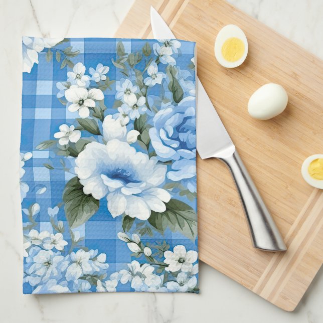 LINGE DE CUISINE TONS BLEU & BLANC PLAID MOTIF & FLEURS (Quart Plié)