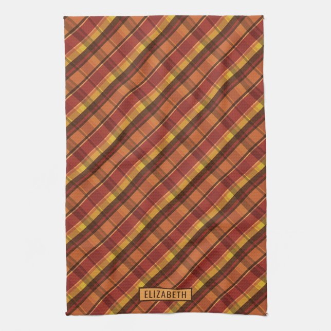 Linge De Cuisine Tons Chauds Automne Plaid Motif & Nom (Vertical)