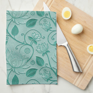 Linge De Cuisine Tons de vert pastel motif lotus aspect embossé