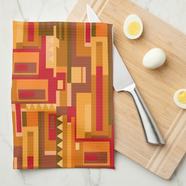 Linge De Cuisine Tons terre rouge orange brun abstrait motif (Quart Plié)