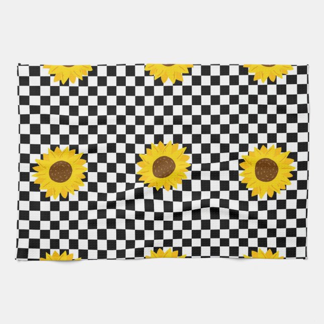 Linge De Cuisine Tournesol noir et blanc À damiers Fleur Motif (Horizontal)