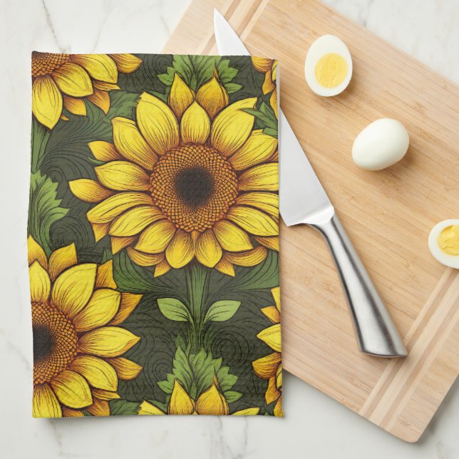 Linge De Cuisine Tournesol orange jaune avec vert et Brown (Quart Plié)
