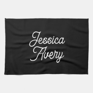 Linge De Cuisine Tout nom   Élégant Vintage blanc Script sur noir