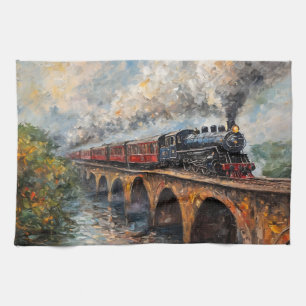 Linge De Cuisine Train à vapeur sur un pont - Peinture à l'huile