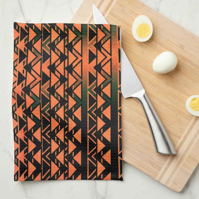 Linge De Cuisine Triangles ZigZag et géométrie en orange à sépia (Quart Plié)