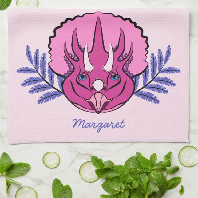 Linge De Cuisine Tricératops Plutôt Rose Dinosaur Personnalisé (Plié)