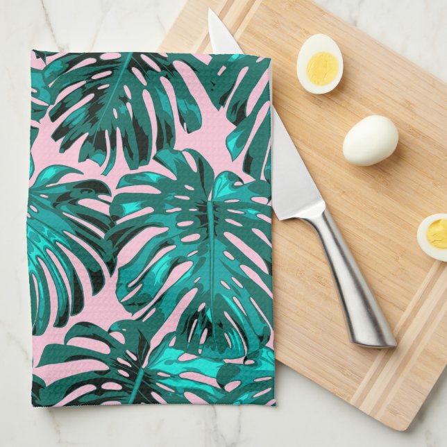 Linge De Cuisine Tropical Girly rose Turquoise Palm Feuilles (Quart Plié)