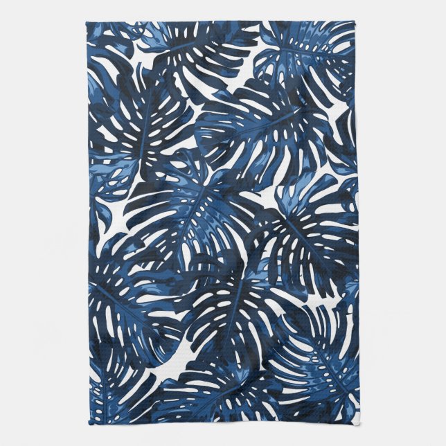Linge De Cuisine Tropical Navy Bleu Blanc Style Palm Feuille (Vertical)