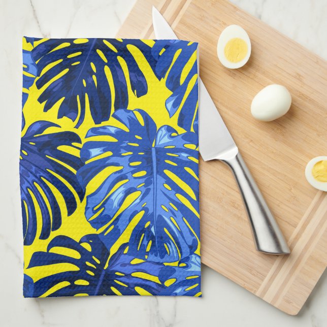 Linge De Cuisine Tropical Vibrant Blue Yellow Island Feuilles (Quart Plié)