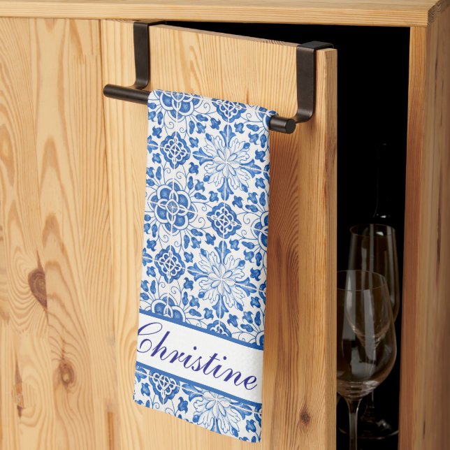 Linge De Cuisine Tuiles portugais Bleu Méditerranée Floral (Pliage en tiers)