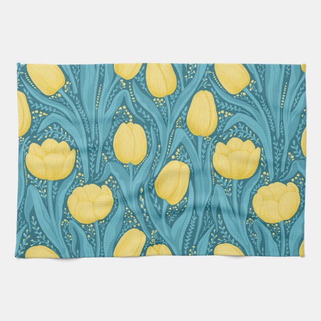 Linge De Cuisine Tulipes en bleu et jaune (Horizontal)