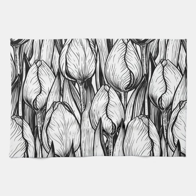 Linge De Cuisine Tulipes en noir et blanc (Horizontal)