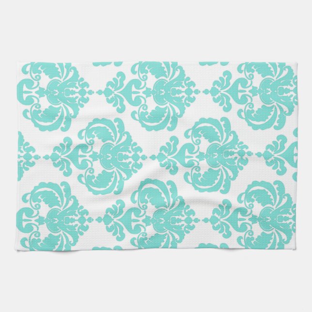 Linge De Cuisine Turquoise & blanc Damask Chic Modern Elegant Motif (Horizontal)