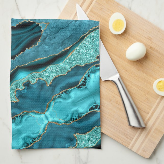 Linge De Cuisine Turquoise Blue Gold Marble Aqua Turquoise Serviett (Quart Plié)