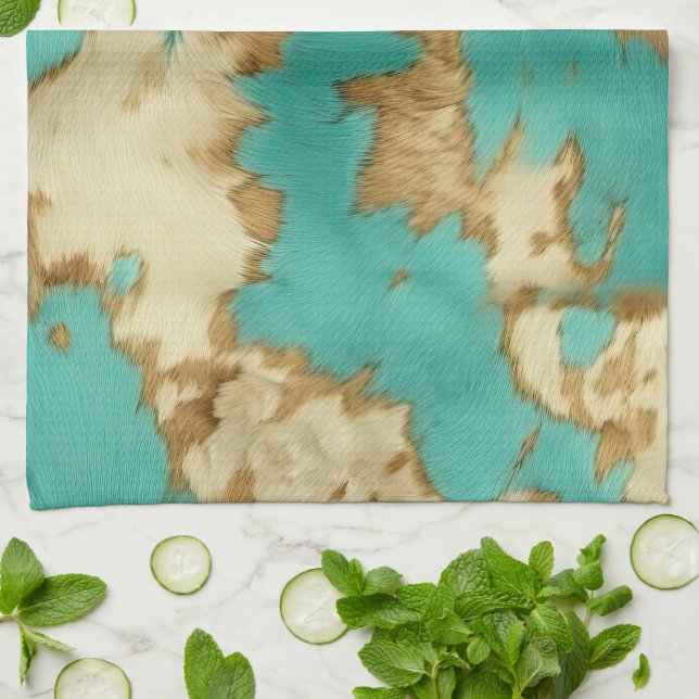 Linge De Cuisine Turquoise Brown Cream Animal Cowhide Western (Plié)