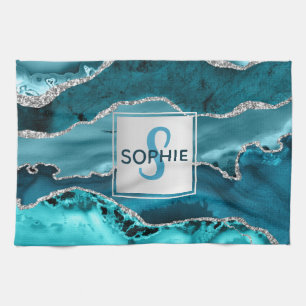 Linge De Cuisine Turquoise et Argent Faux Parties scintillant Marbr