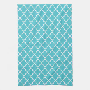 Linge De Cuisine Turquoise moderne et Quatrefoil Marocain blanc