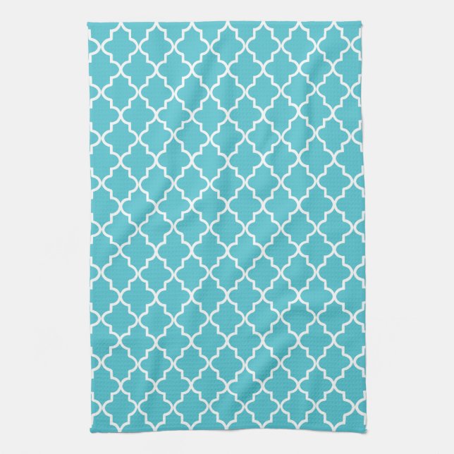 Linge De Cuisine Turquoise moderne et Quatrefoil Marocain blanc (Vertical)