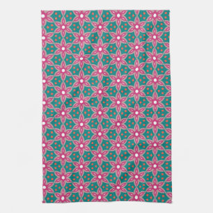 Linge De Cuisine Turquoise + motif géométrique à fleurs roses profo