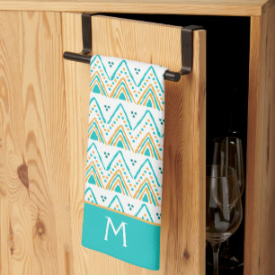 Linge De Cuisine Turquoise Orange Boho Tribal Motif Monogramme