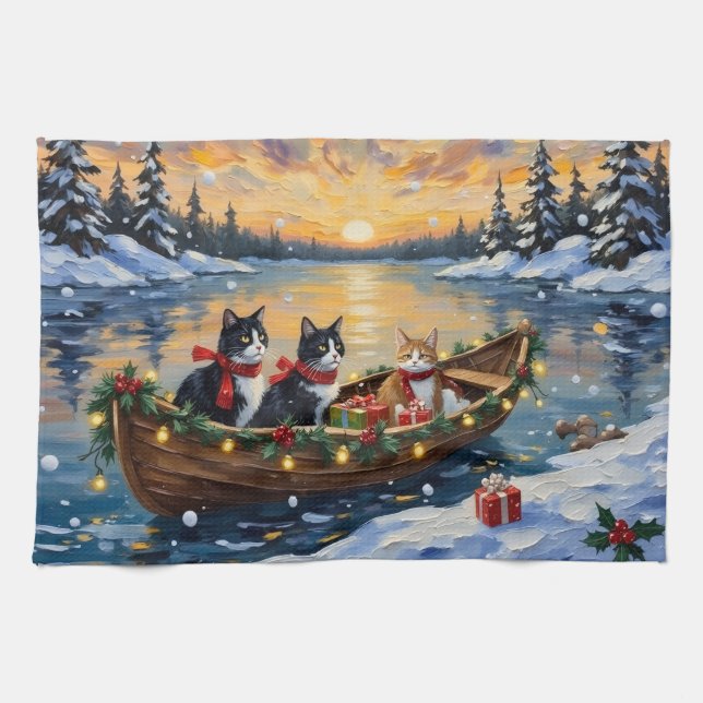 Linge De Cuisine Tuxedo Cat Christmas Boat Holiday (Horizontal)