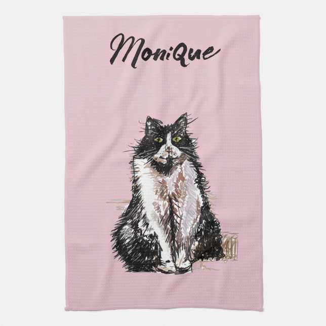 Linge De Cuisine Tuxedo Chat Cute Chats Noir Blanc Pastel Rose (Vertical)