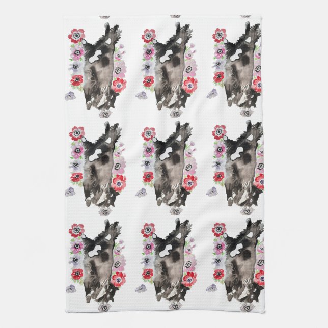 Linge De Cuisine Tuxedo Chat Cute Jolie Fleurs Chats Aquarelle (Vertical)