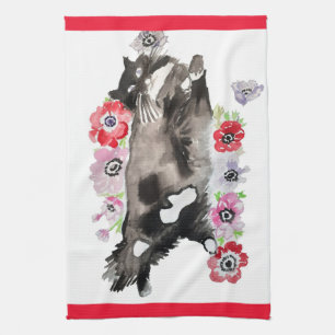 Linge De Cuisine Tuxedo Chat Cute Jolie Fleurs Chats Aquarelle