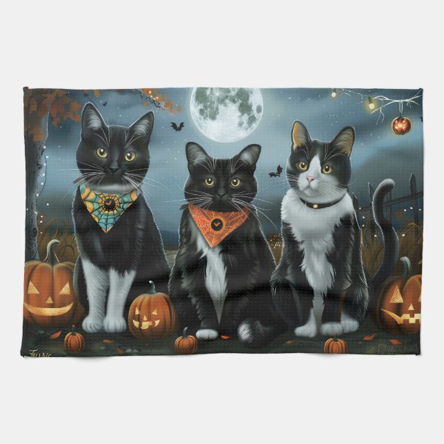 Linge De Cuisine Tuxedo Chat Halloween Éffrayant (Horizontal)