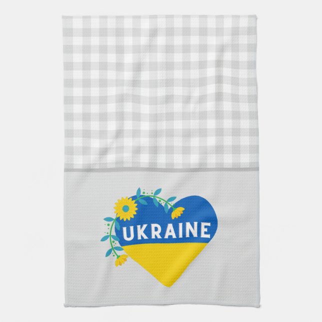 Linge De Cuisine Ukraine Flower Heart Grey En vichy (Vertical)