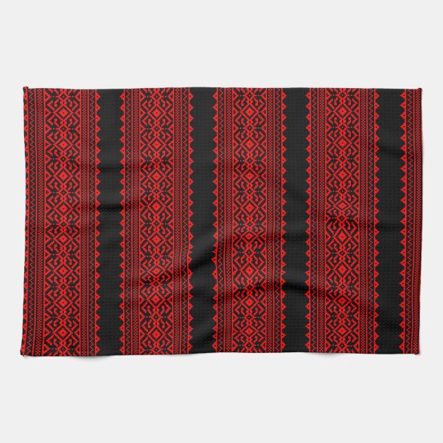 Linge De Cuisine Ukrainian traditional vushuvanka folk pattern red (Horizontal)