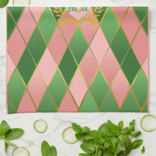 Linge De Cuisine Ultra Chic Prépa Rose Vert Argyle Monogramme Blaso
