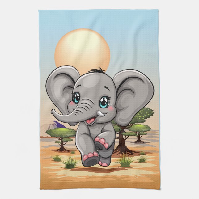 Linge De Cuisine Un bébé éléphant qui sonne heureux dans la savane  (Vertical)