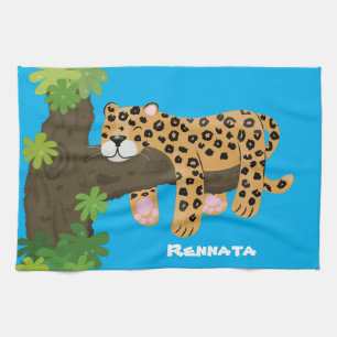 Linge De Cuisine Un mignon léopard dormant dans un arbre dessin ani