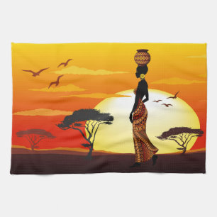 Linge De Cuisine Une belle femme africaine Silhouette sur les solei