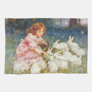 Linge De Cuisine Une fille nourrit les lapins (par Frederick Morgan
