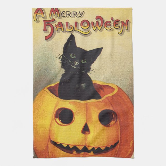 Linge De Cuisine Une joyeuse Halloween par Ellen Clapsaddle, Chat V (Vertical)