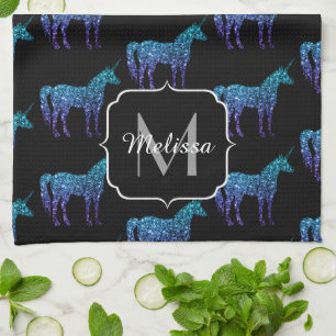 Linge De Cuisine Unicorn Sparkles aqua blue ombre motif Monogramme