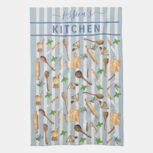 Linge De Cuisine Ustensiles de cuisine à monogramme aquarelle bleu 