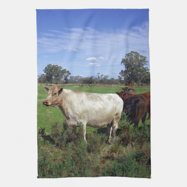 Linge De Cuisine Vache Blanche Avec Herbe De Vache Brown, (Vertical)