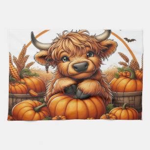 Linge De Cuisine Vache Highland Nichée parmi les Citrouilles de réc