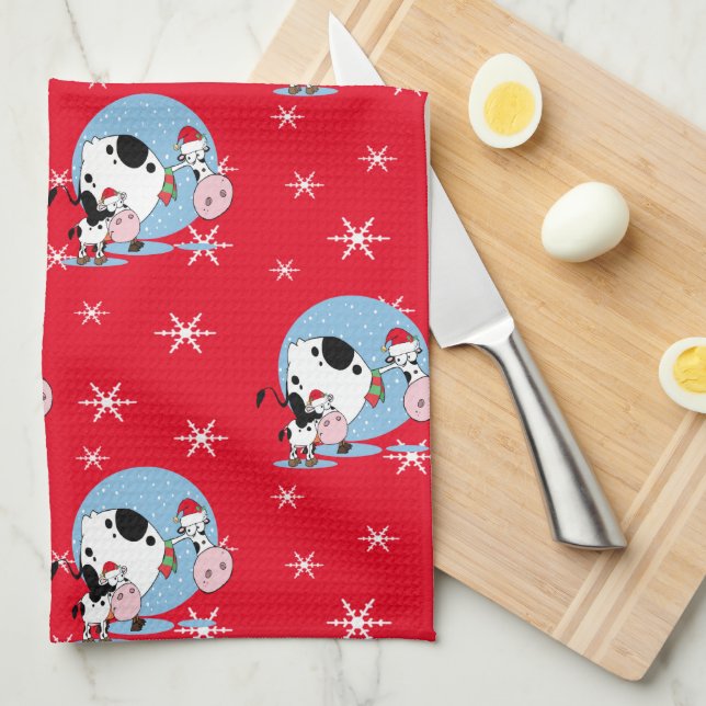 Linge De Cuisine Vaches de Noël avec chapeau de Père Noël (Quart Plié)